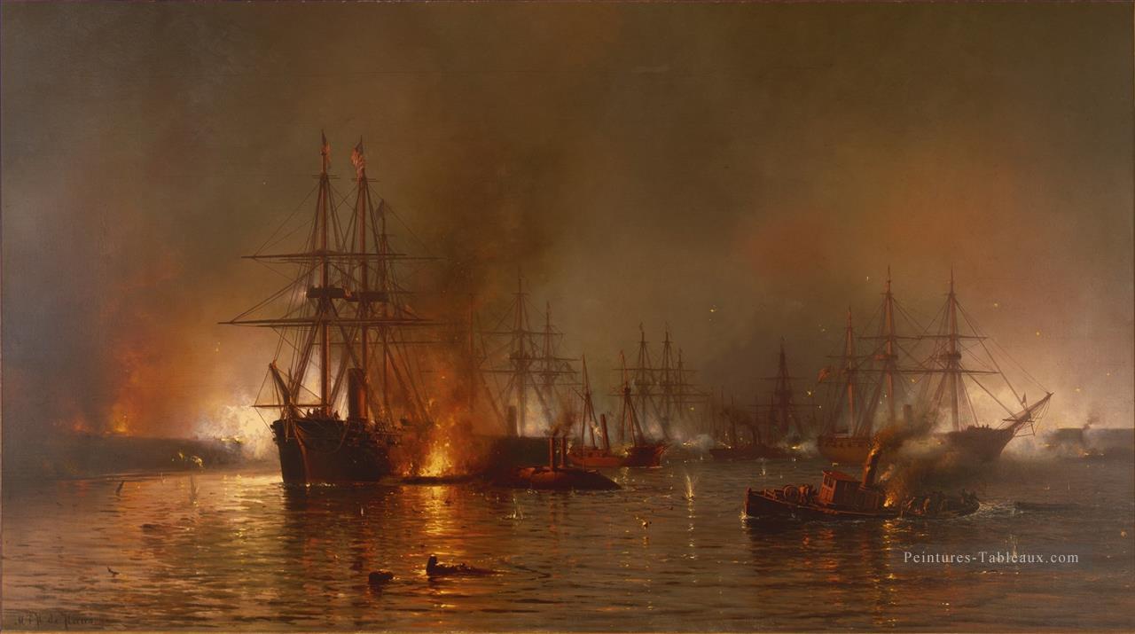 Flotte de Mauritz de Haas Farragut passant les forts en dessous des Batailles navales de la Nouvelle Orléans Peintures à l'huile